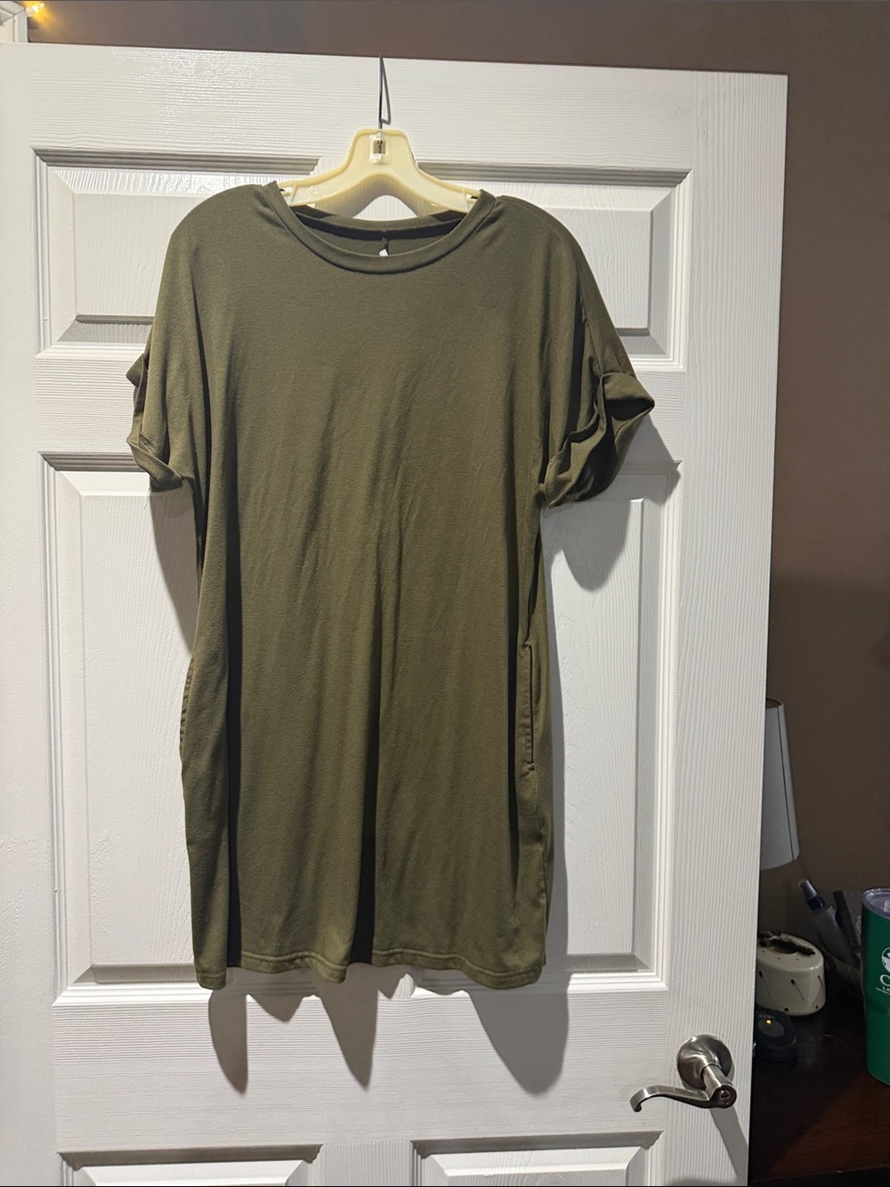 Olive Green Mini Dress with Rolled Short Sleeves